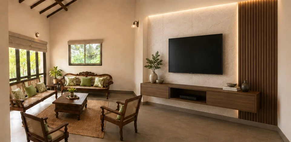 Farmhouse living room proposed TV wall design